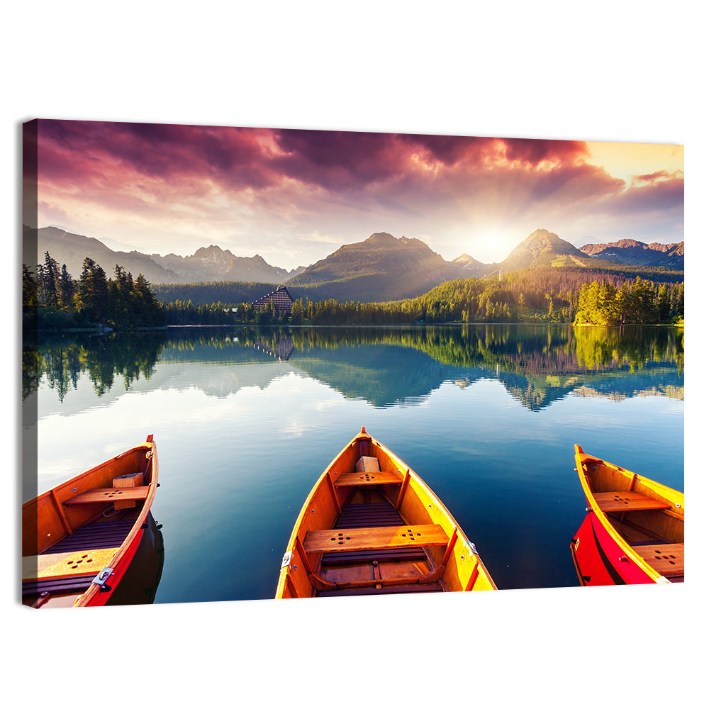 Three Boats on Slovak Mountain Lake Wall Art, canvas print, landscape