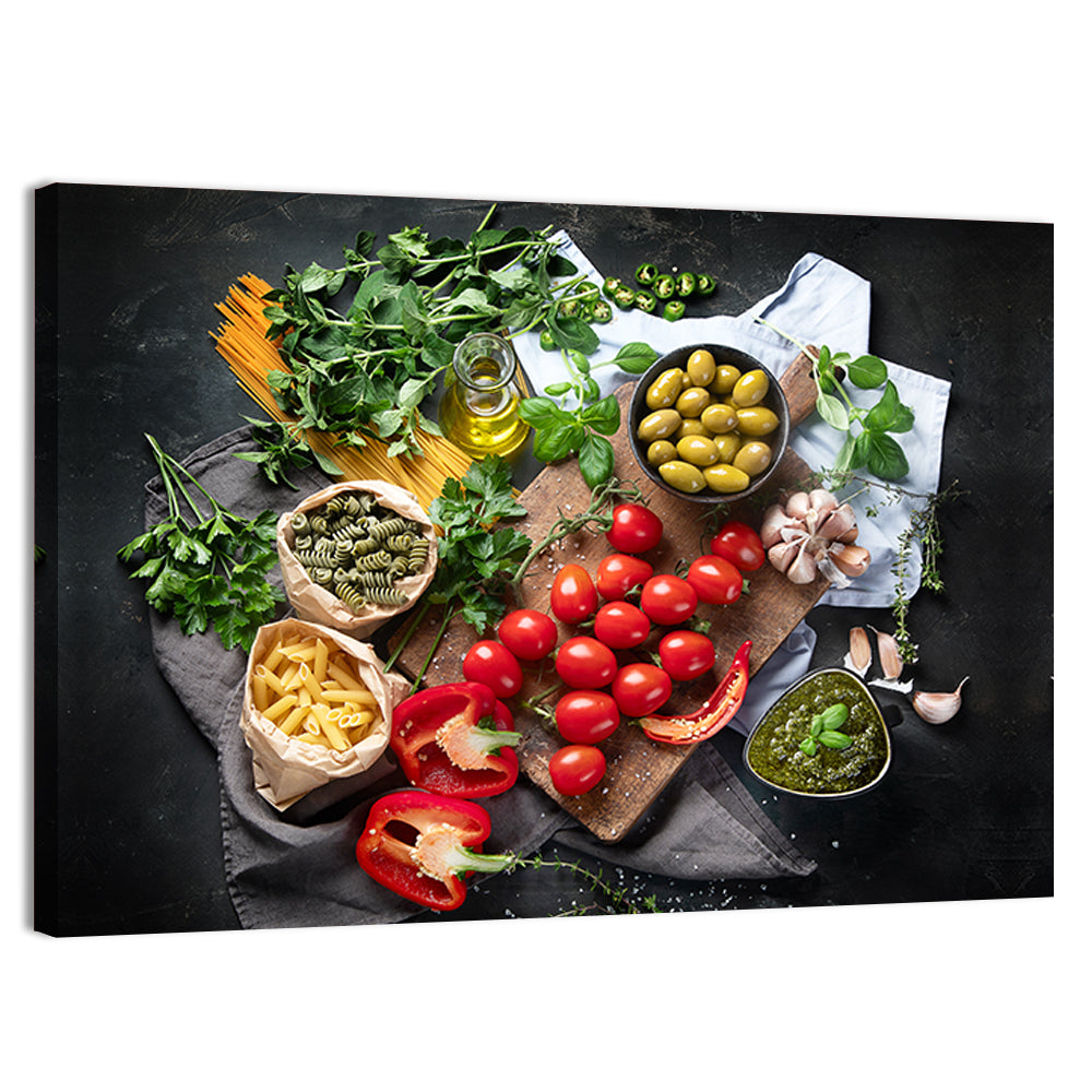 Italian Ingredients Flat Lay Wall Art, canvas print, landscape