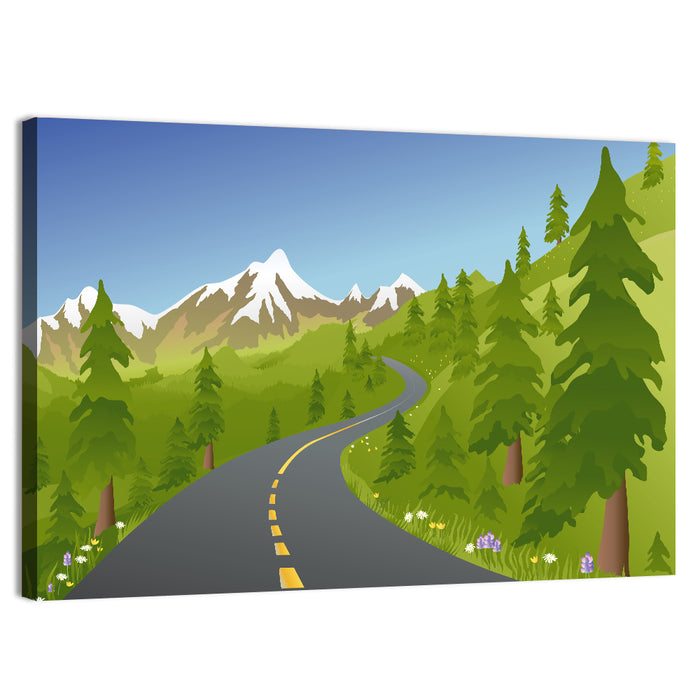 Summer Mountain Road Illustration Wall Art as a canvas print