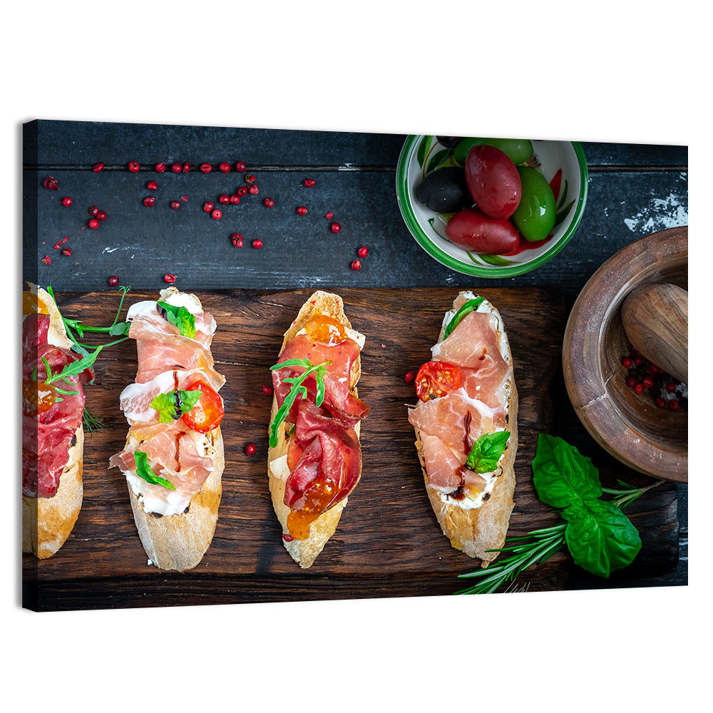 Bruschetta with Prosciutto and Olives Wall Art, canvas print, landscape