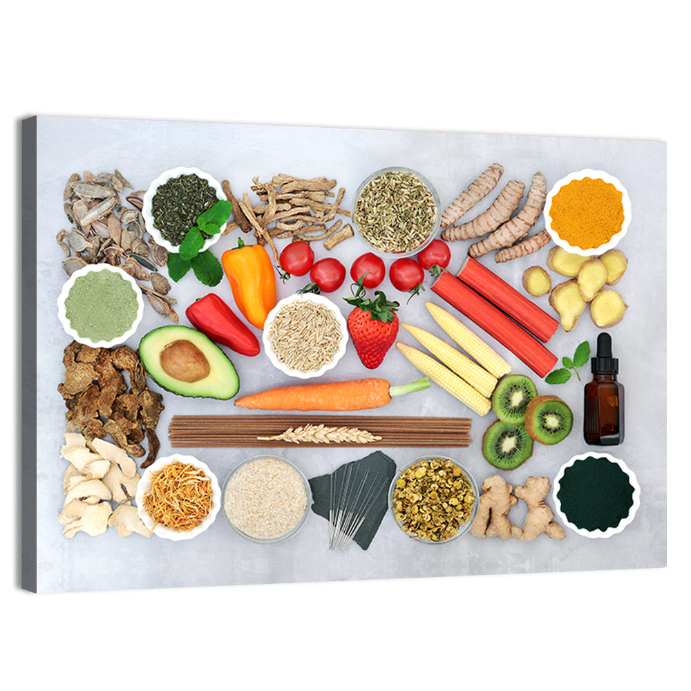 Flat Lay Health Foods and Herbs Wall Art, canvas print, landscape