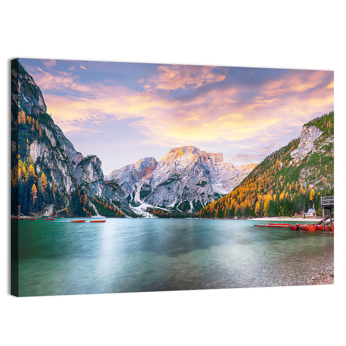 Lago Di Braies Golden Hour Wall Art as a canvas print