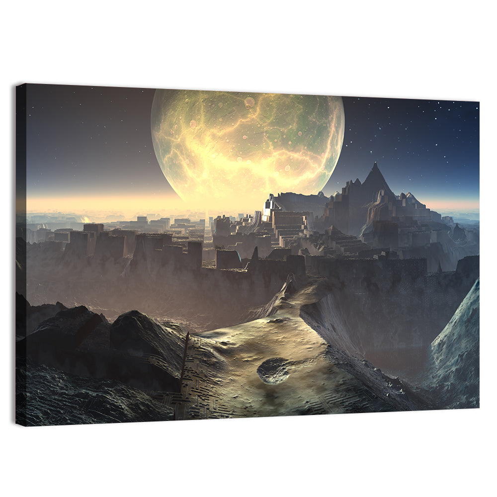 Moonlit Alien City Ruins Wall Art, canvas print, landscape