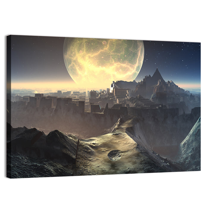 Moonlit Alien City Ruins Wall Art as a canvas print