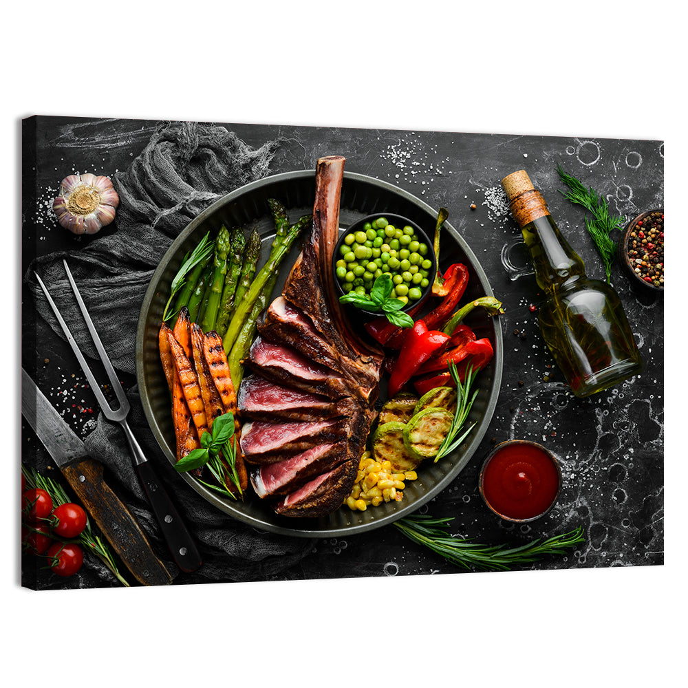 Tomahawk Steak in Cast Iron Pan Wall Art, canvas print, landscape