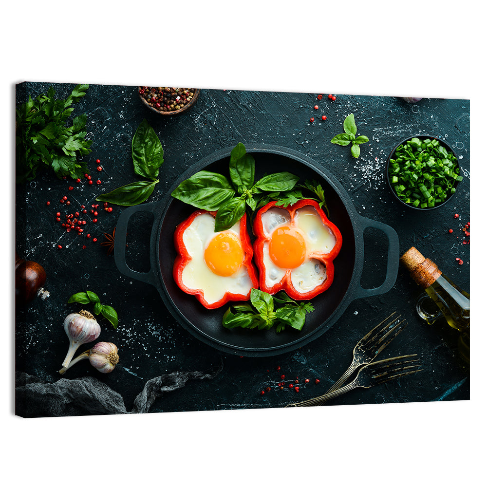 Cast Iron Fried Eggs with Sweet Pepper Wall Art, canvas print, landscape