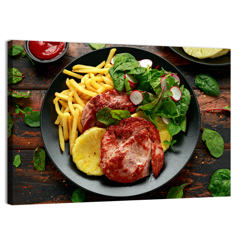 Gammon Steak with Fries and Pineapple Wall Art, canvas print, landscape