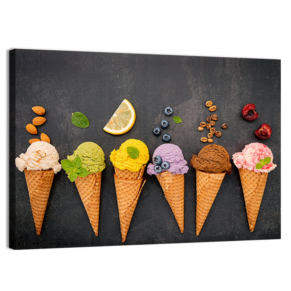 Six Ice Cream Cone Flavors Wall Art, canvas print, landscape