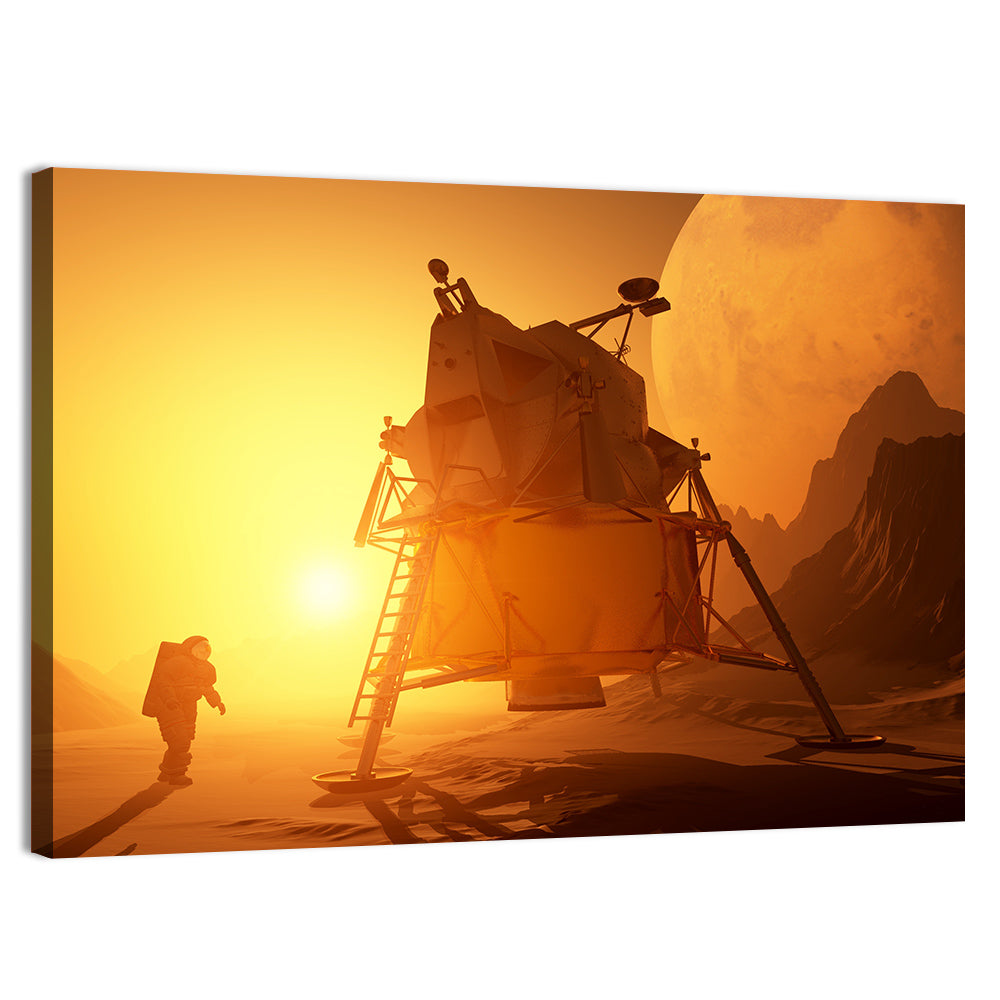 Moonwalker with Lunar Module at Sunset Wall Art, canvas print, landscape