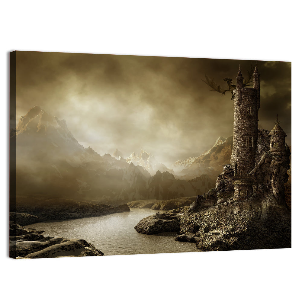 Dragon Perched on Stone Tower Wall Art, canvas print, landscape