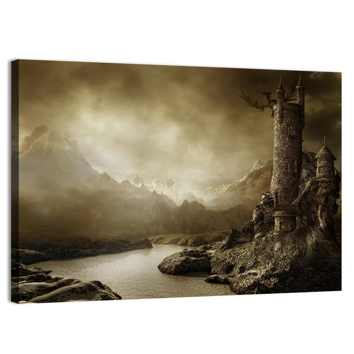 Dragon Perched on Stone Tower Wall Art as a canvas print