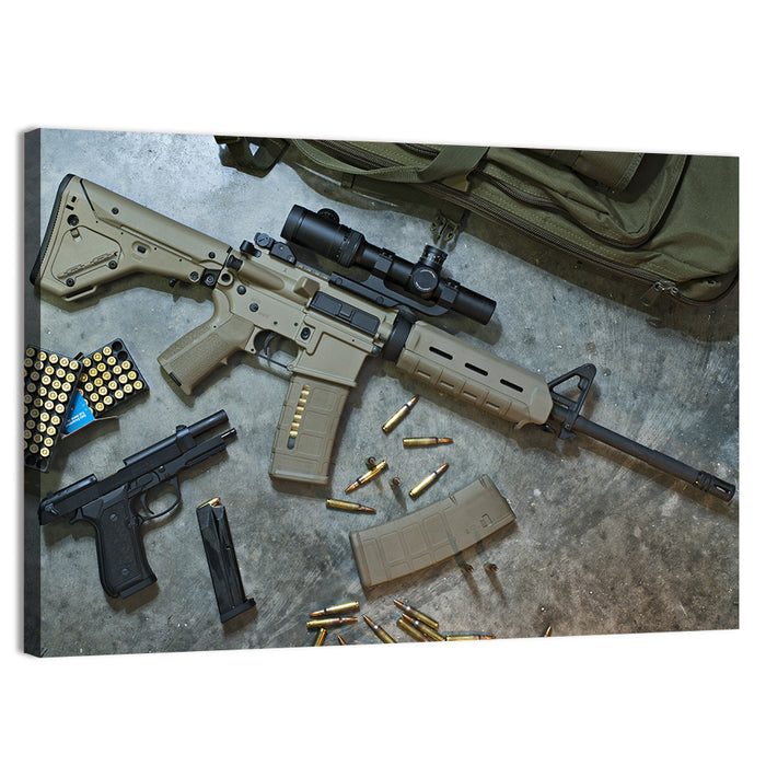 Scoped Rifle and Handgun with Ammo Wall Art as a canvas print