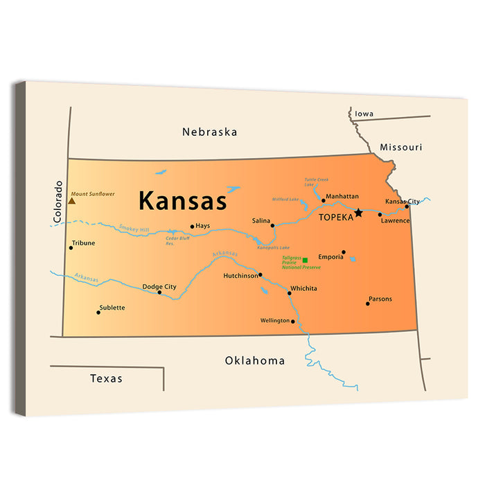 Kansas State Map Wall Art as a canvas print