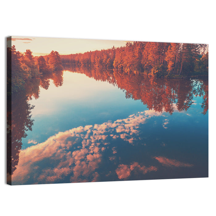 Golden Sunrise Over Reflective Lake Wall Art as a canvas print