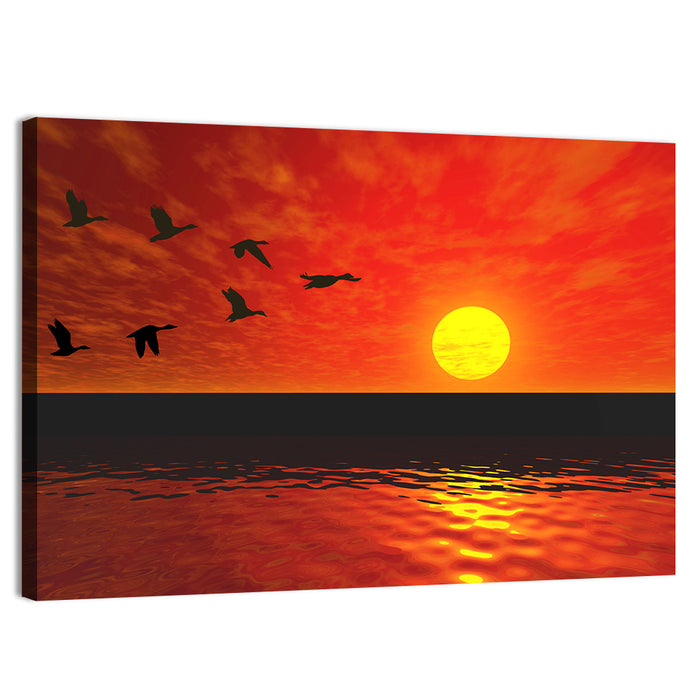Ducks at Sunset Silhouette Wall Art as a canvas print