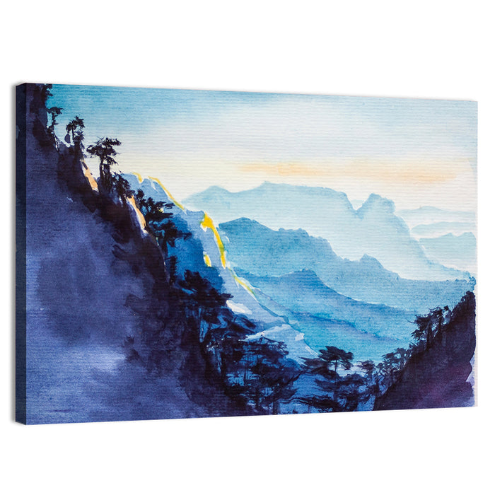Dawn Light Watercolor Mountain Forest Wall Art as a canvas print