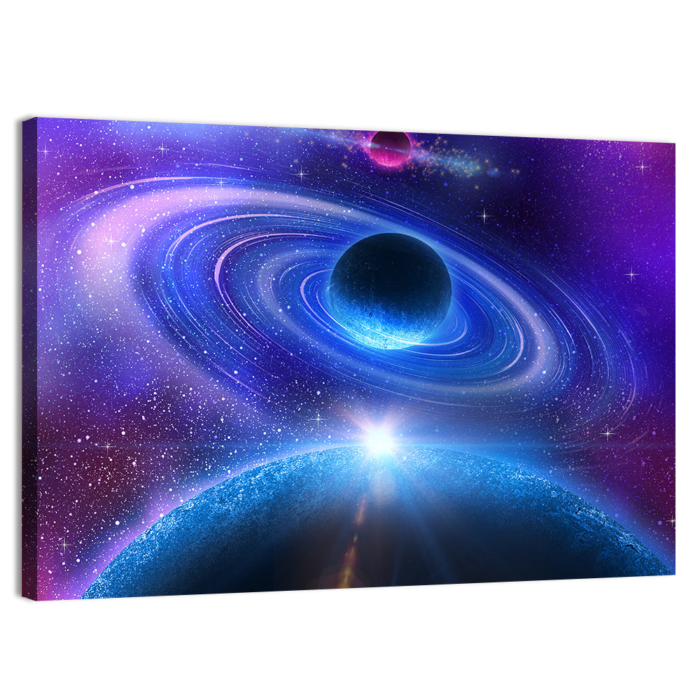 Starburst Over Ringed Planet Wall Art, canvas print, landscape