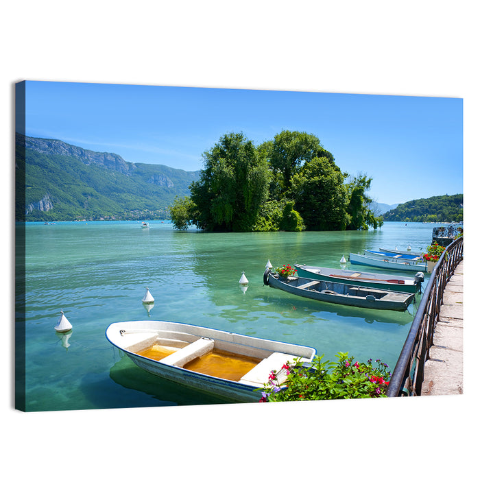 Lake Annecy Sunny Shoreline Wall Art as a canvas print