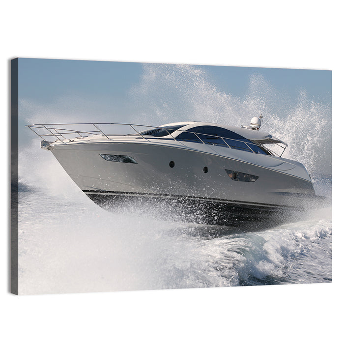 Motor Yacht Cutting Through Spray Wall Art as a canvas print