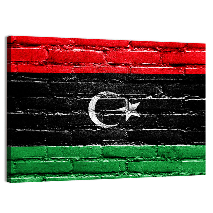 Libyan Flag on Distressed Brick Wall Art as a canvas print