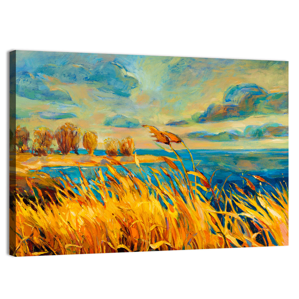 Golden Hour Lake with Tall Grass Wall Art, canvas print, landscape