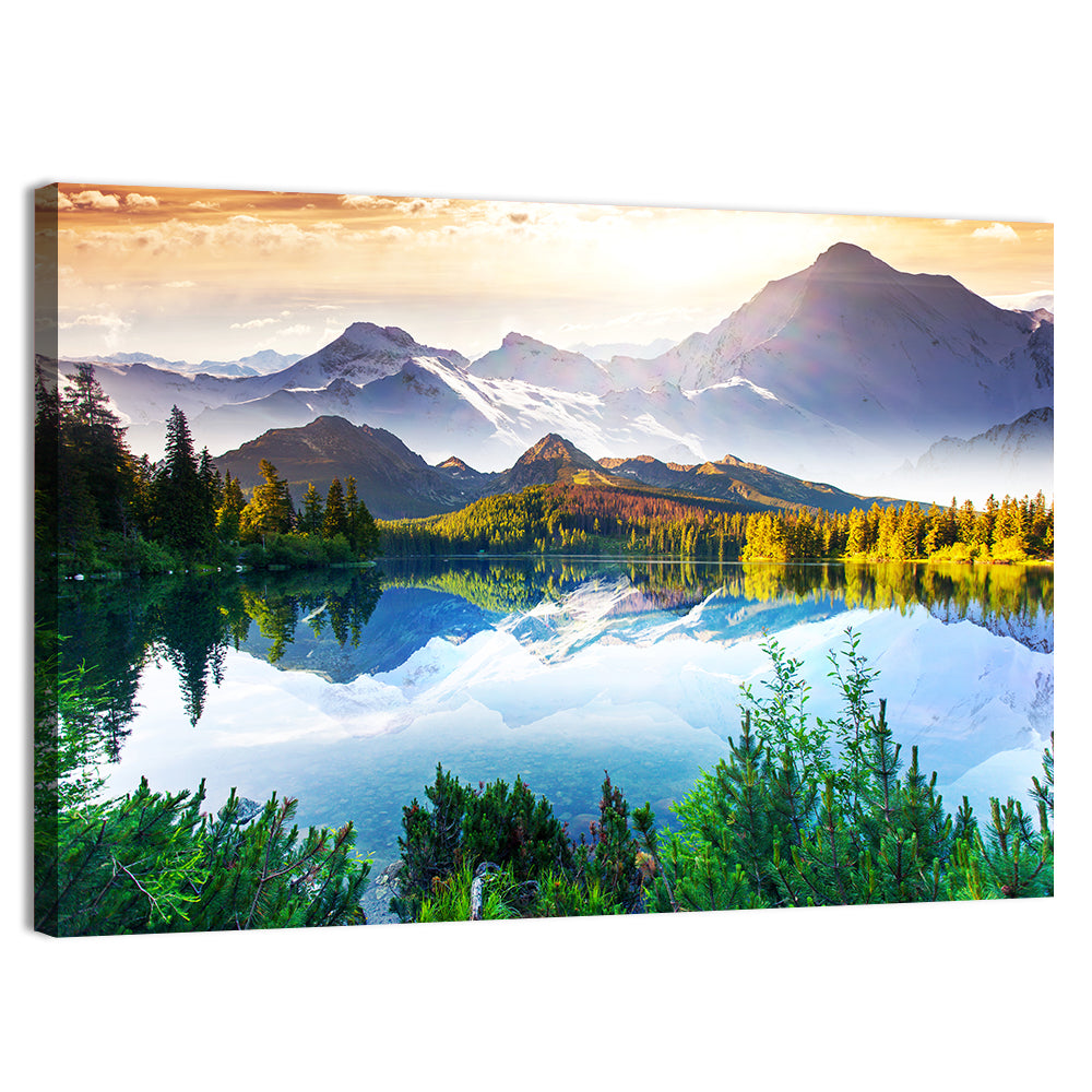 Sunlit Mountain Lake Reflection Wall Art, canvas print, landscape