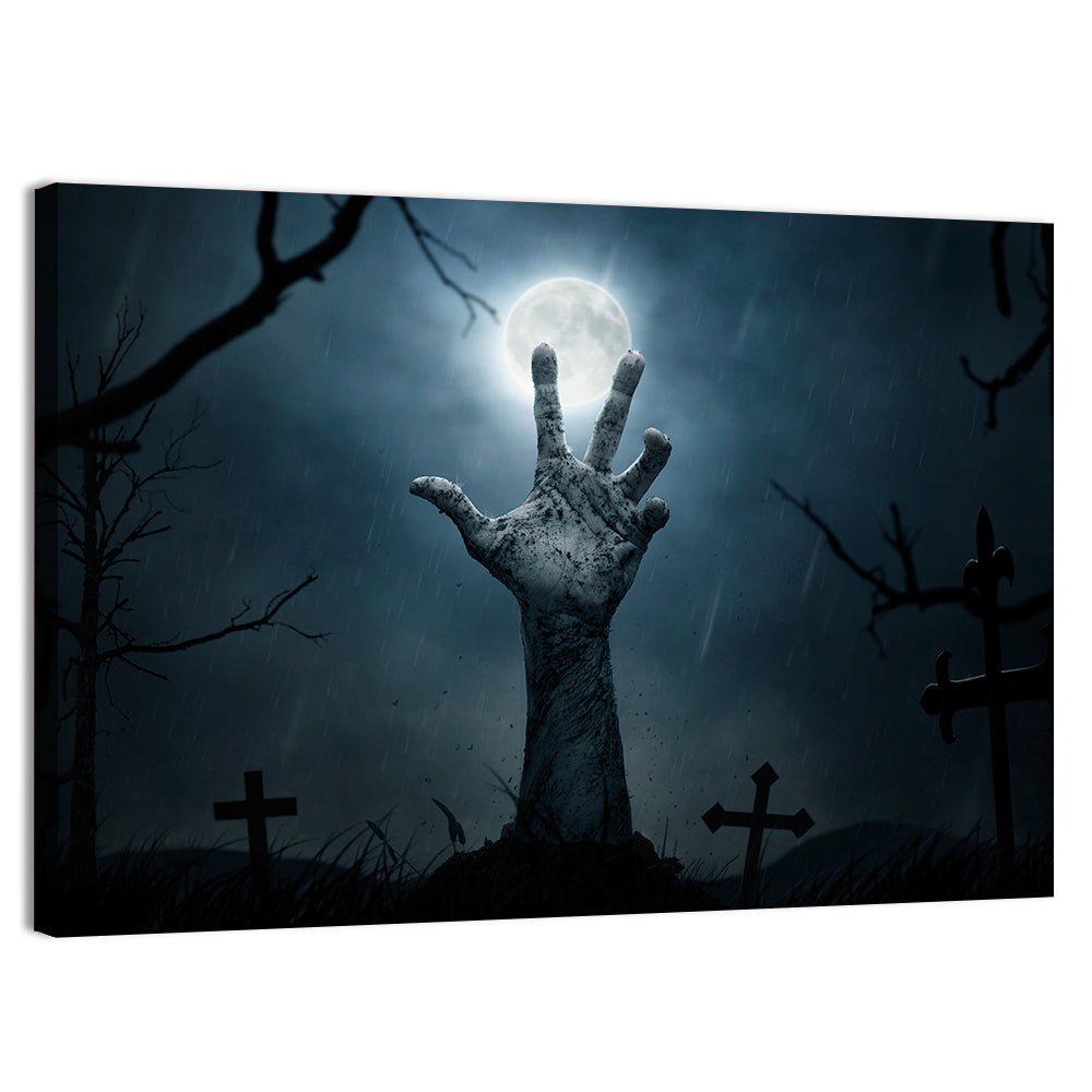Rising Zombie Hand Under Moonlight Wall Art, canvas print, landscape