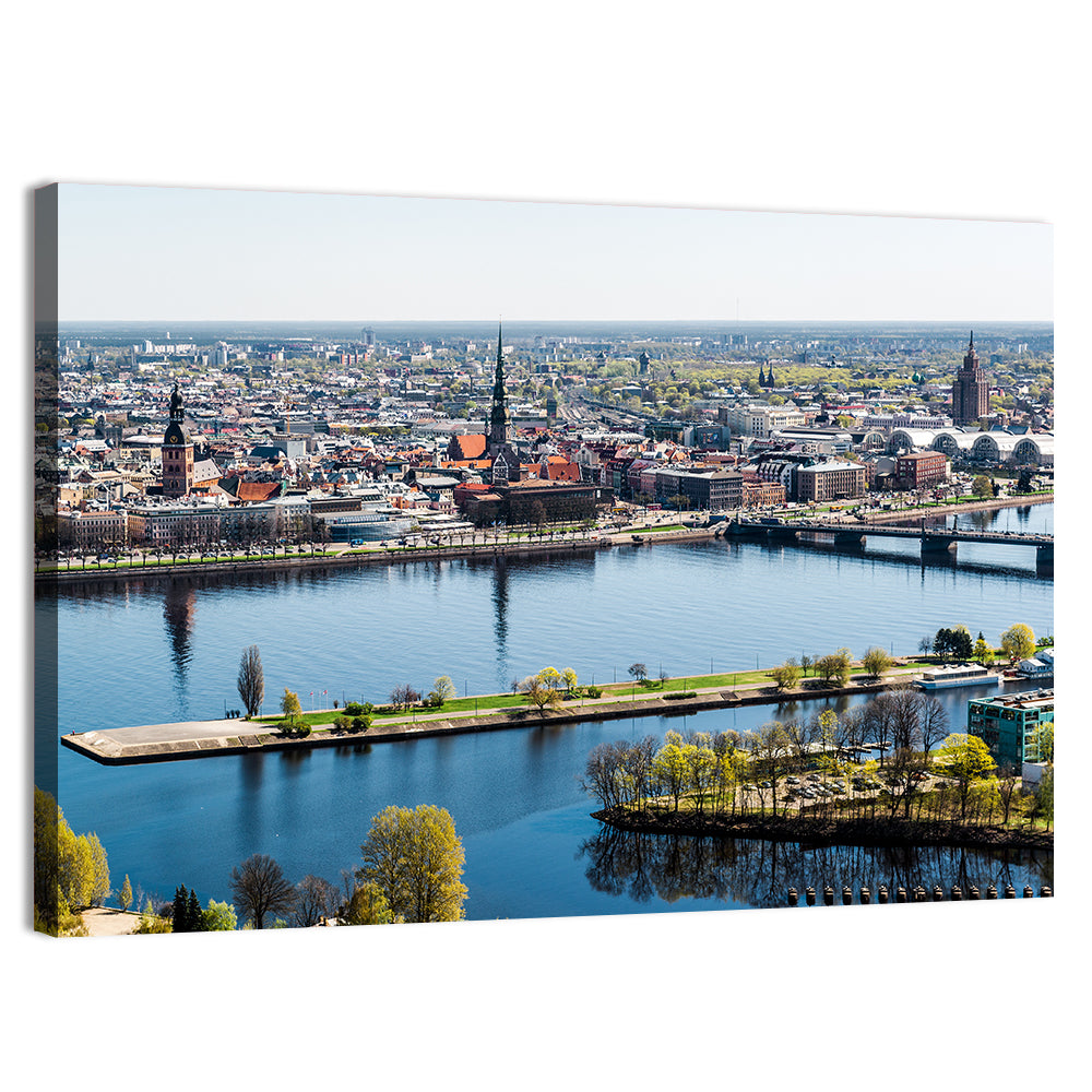 Riga Riverfront with St. Peter's Church Wall Art, canvas print, landscape