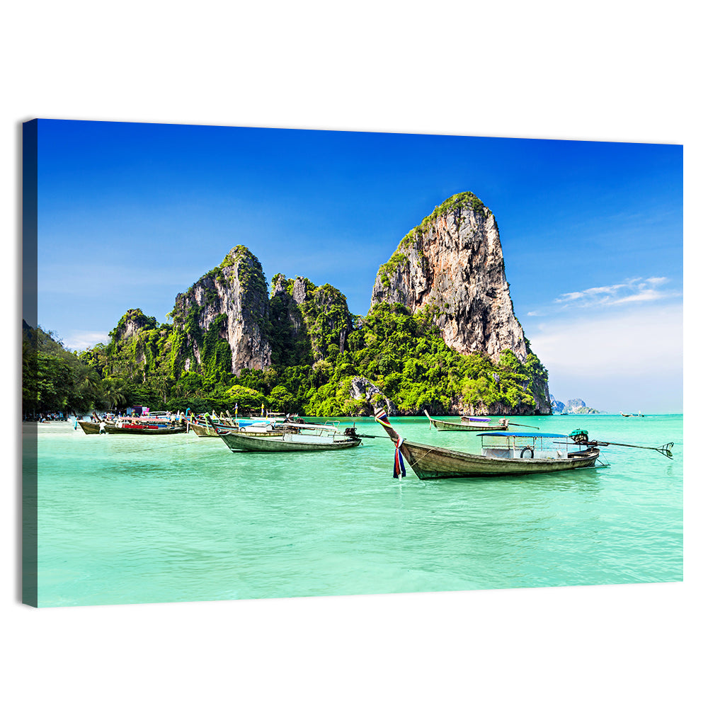 Railay Beach Long-tail Boats Wall Art, canvas print, landscape