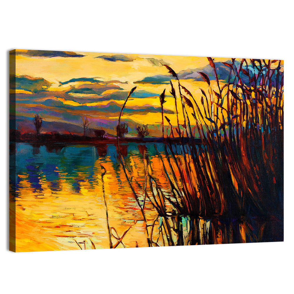Sunset Lake with Reeds Wall Art, canvas print, landscape