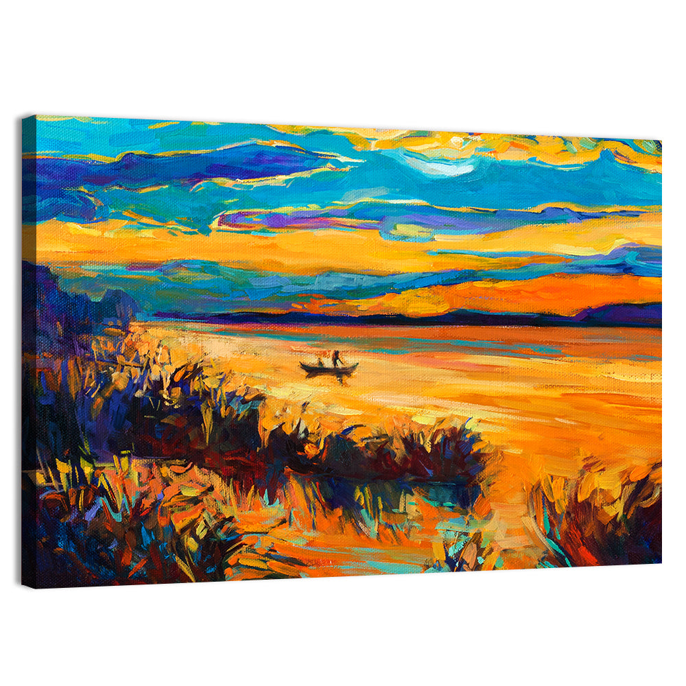 Sunset Boat on Lake Wall Art, canvas print, landscape