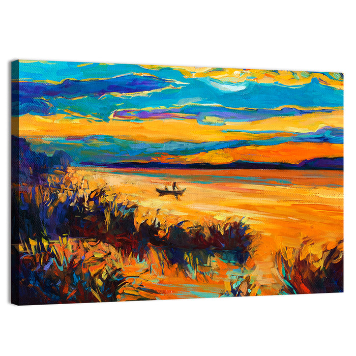 Sunset Boat on Lake Wall Art as a canvas print