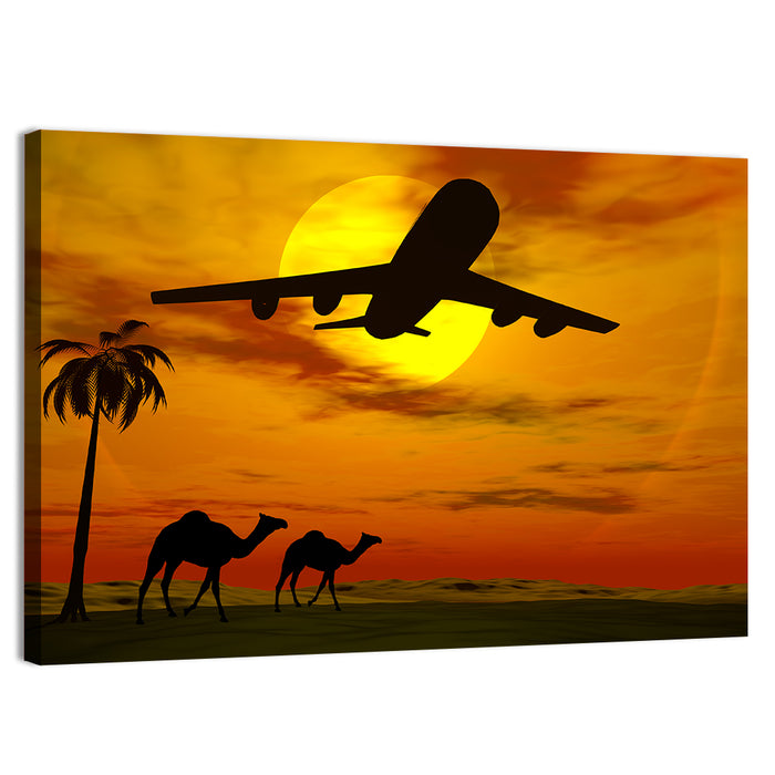 Tropical Sunset Plane Silhouette Wall Art as a canvas print