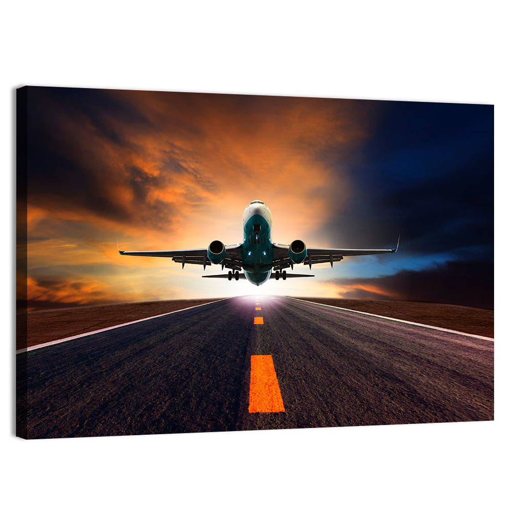 Passenger Jet Landing at Sunset Wall Art, canvas print, landscape