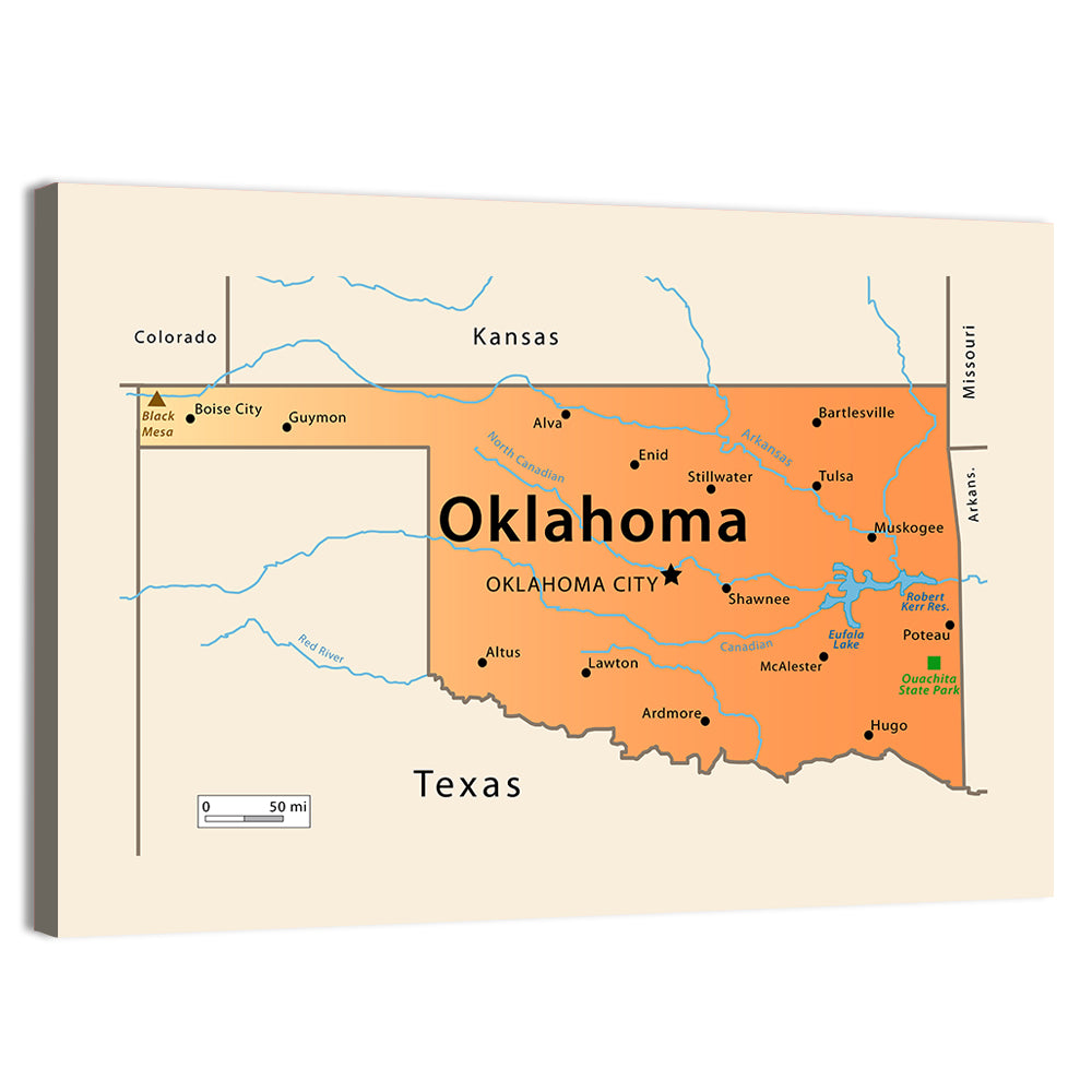 Oklahoma State Map Wall Art, canvas print, landscape
