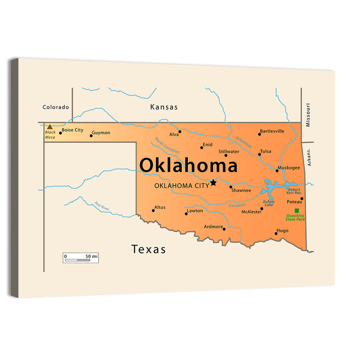 Oklahoma State Map Wall Art as a canvas print