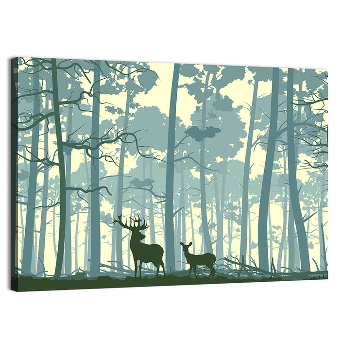 Deer Pair in Teal Forest Wall Art as a canvas print