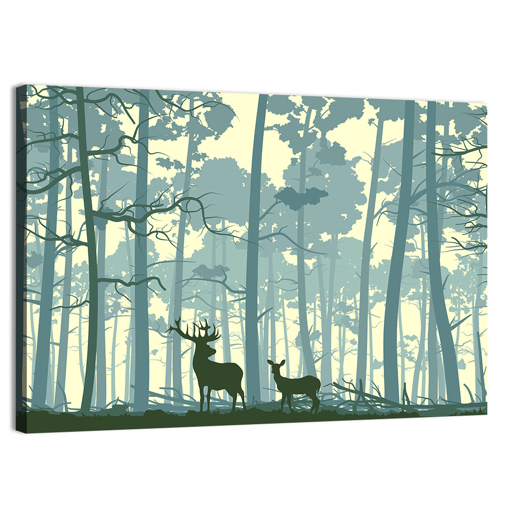 Deer Pair in Teal Forest Wall Art, canvas print, landscape