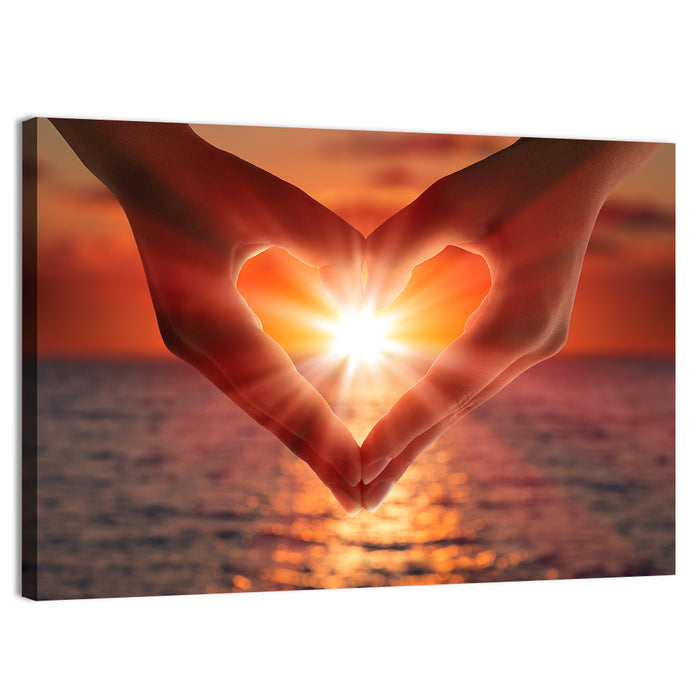 Hands Forming Heart at Sunset Wall Art as a canvas print