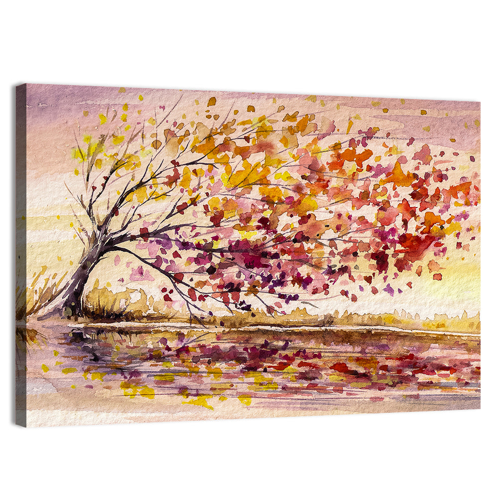 Windblown Autumn Tree Reflection Wall Art, canvas print, landscape