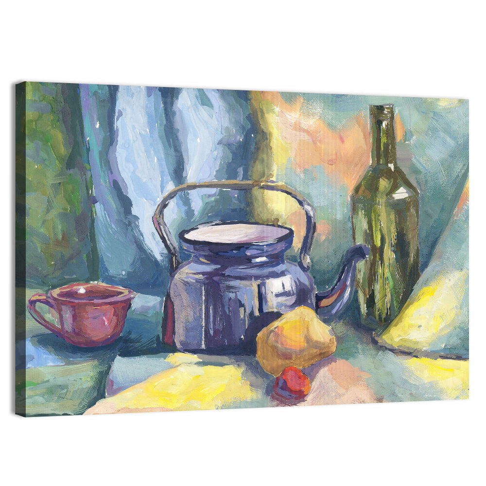 Metal Teapot and Bottle Still Life Wall Art, canvas print, landscape