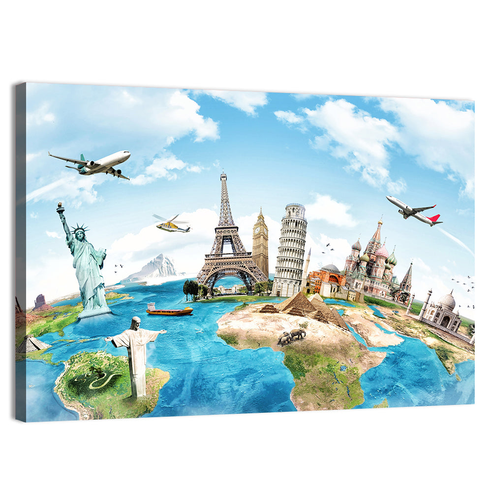 World Monuments Map Wall Art, canvas print, landscape