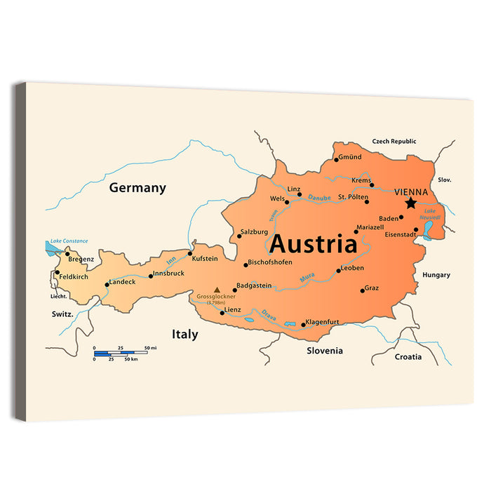 Austria Topographic Map Wall Art as a canvas print
