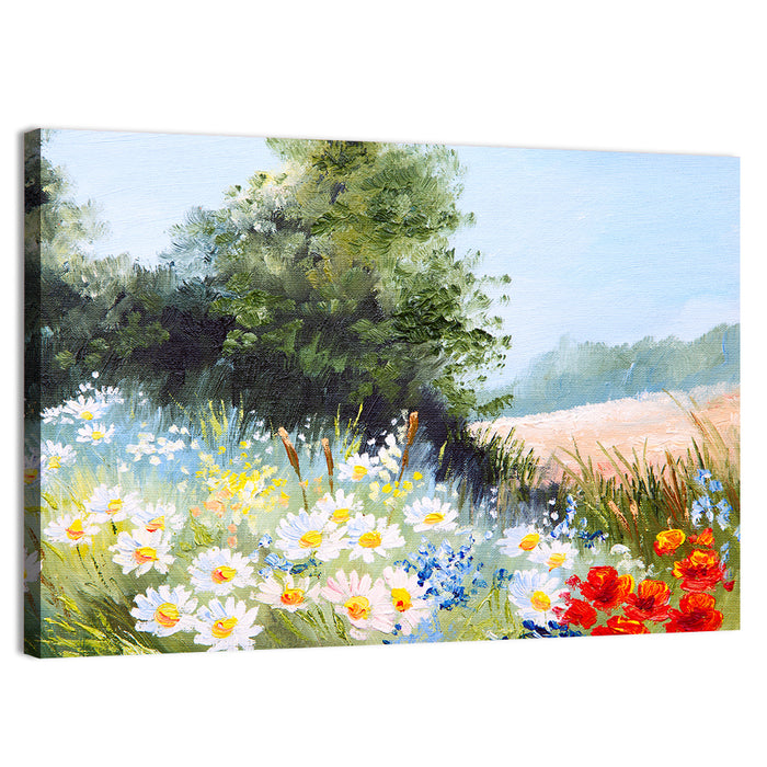 Daisy Meadow with Red Poppies Wall Art as a canvas print