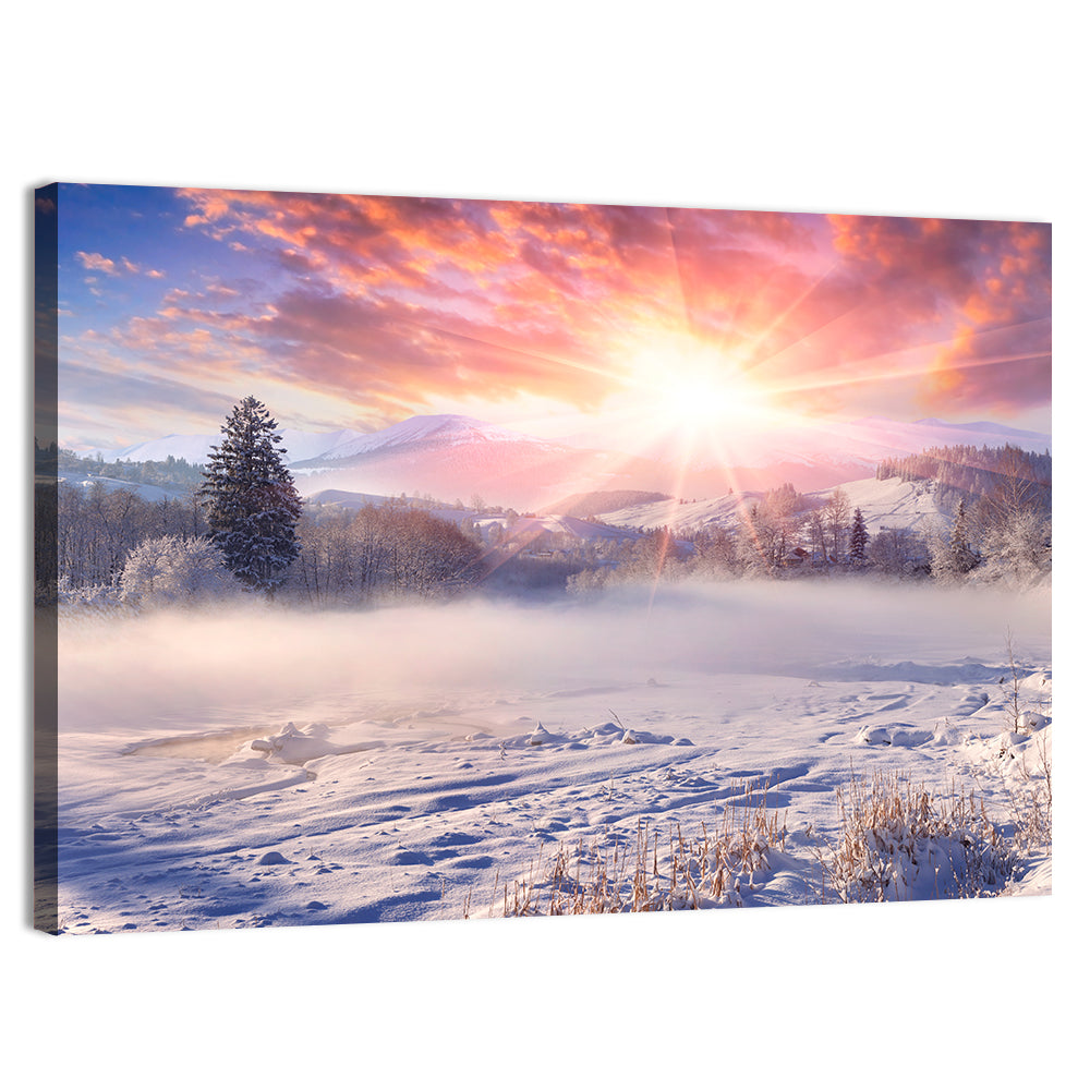 Sunrise Over Snowy Mountain Village Wall Art, canvas print, landscape