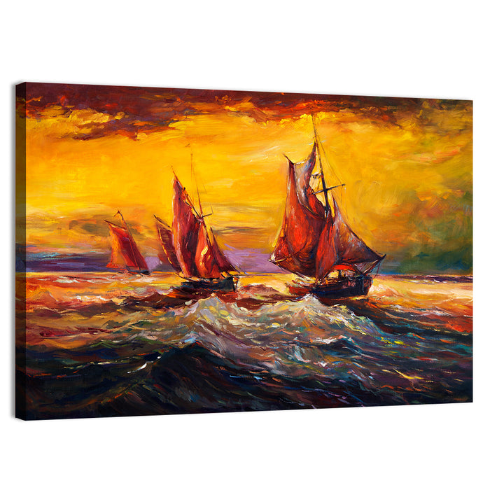 Three Sailboats at Sunset Wall Art as a canvas print
