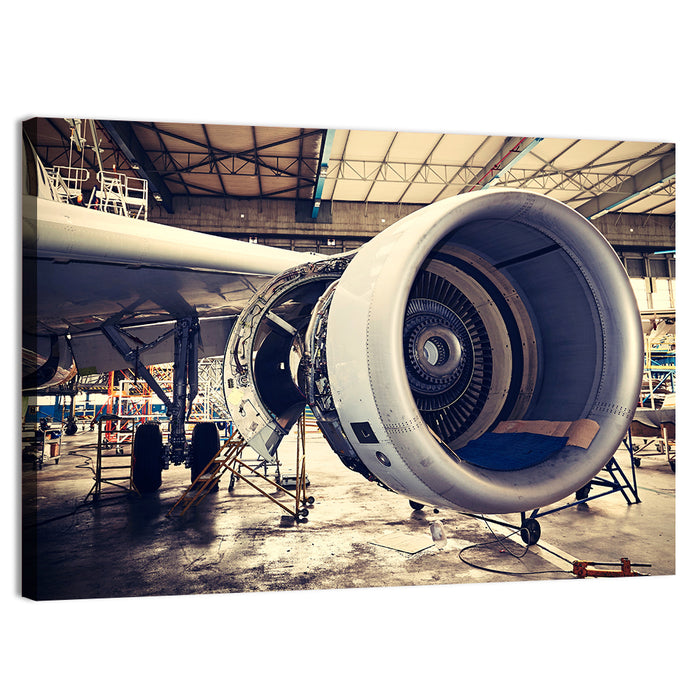 Open Jet Engine in Hangar Wall Art as a canvas print