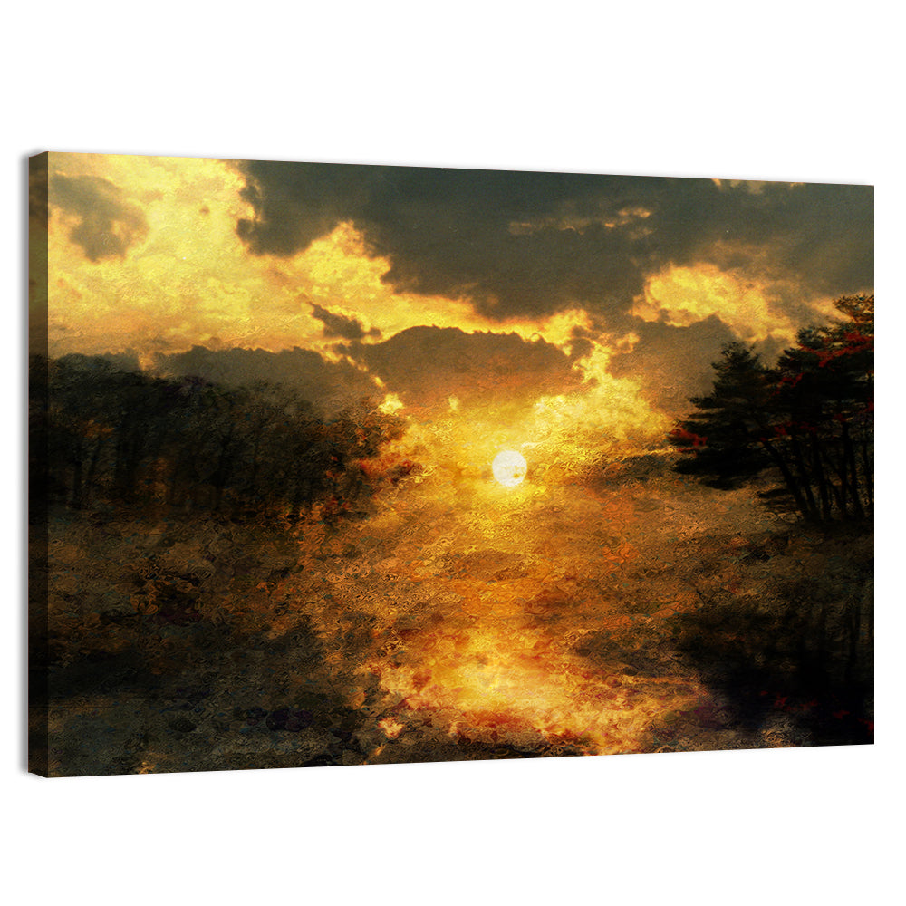 Golden Sunset Over Lake Wall Art, canvas print, landscape