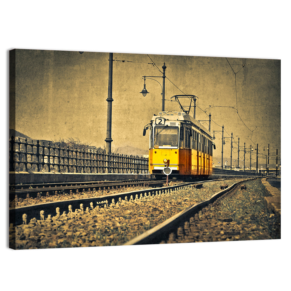 Yellow Tram No. 2 on Tracks Wall Art, canvas print, landscape
