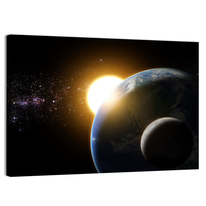 Sunflare Over Earth and Moon Wall Art as a canvas print